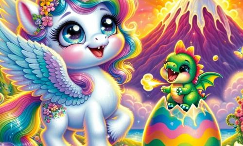 Lulu, une petite licorne aux ailes douces comme des nuages en sucre, se tient joyeusement au sommet de la Montagne Flamboyante, admirant un œuf magique coloré sous le soleil. À ses côtés, un petit dragon vert, tout juste éclos, éternue une petite flamme, ses écailles scintillant. Minou, un chaton magique, applaudit en riant sur une pierre. Le décor enchanteur comprend des montagnes flamboyantes, des nuages en forme de bonbons, des fleurs multicolores et des papillons dansants, créant une atmosphère de bonheur et d'émerveillement alors qu'ils célèbrent l'éclosion du dragon, prêts pour de nouvelles aventures.