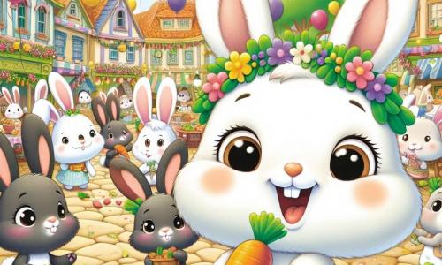 Illustration d'un jeune lapin au pelage blanc avec des taches brunes, aux yeux malicieux et souriant tout en tenant une carotte. À ses côtés, une maman lapin au pelage gris, regardant son petit avec émotion, porte un panier de carottes fraîches. En arrière-plan, un garçon et une fille lapins tachetés de noir et de blanc sautillent joyeusement, rayonnants de bonheur. Le cadre est une place animée de Lapinouville, décorée de fleurs et de ballons, où des tables sont chargées de plats pour une fête. Le jeune lapin guide sa famille vers une célébration de solidarité, réunissant les habitants pour partager nourriture et rires dans une ambiance chaleureuse. Des jeux comme une course en sac et un spectacle de marionnettes ajoutent à la joie, avec des lapins de différentes couleurs et tailles, tous souriants.