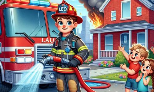 Un pompier nommé Paul se tient à côté de son camion rouge, souriant avec fierté. Il porte un casque brillant et une combinaison rouge avec des bandes réfléchissantes. À ses côtés, Léo, un garçon de 8 ans aux cheveux blonds en t-shirt bleu, l'admire les bras levés. Mia, une fille de 6 ans aux cheveux bruns en tresse et robe rose, applaudit joyeusement. La scène se déroule devant une maison en briques rouges, entourée d'arbres verts et de fleurs colorées. Paul utilise un tuyau d'incendie pour éteindre un feu à l'arrière de la maison, tandis que Léo et Mia regardent avec émerveillement.
