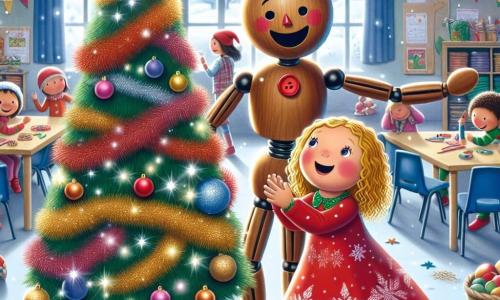 Au centre de l'image, Loulou, un bonhomme en bois souriant, danse autour d'un sapin de Noël décoré. À ses côtés, Clara, une petite fille aux cheveux blonds, porte une robe rouge et tient un bonhomme en papier offert par Loulou. En arrière-plan, la salle de classe est décorée de guirlandes et de flocons de neige, tandis que des enfants préparent des biscuits en forme d'étoiles. La scène reflète l'esprit de Noël, avec des rires et des chants résonnant.