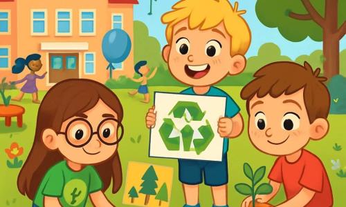 Trois personnages sont présents : Zoé, une fille de 7 ans avec des cheveux bruns et des lunettes, dessine des arbres sur l'herbe. Hugo, un garçon aux cheveux blonds, tient une pancarte sur le recyclage et sourit à ses amis. Léo, avec des cheveux châtains et des taches de rousseur, plante une petite plante à côté de Zoé. L'action se déroule dans la cour d'une école animée, pleine de fleurs et de ballons, où les enfants préparent un événement écologique pour rendre leur école plus verte.