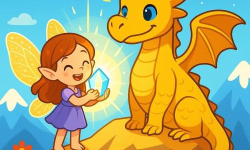 Au sommet d'une montagne lumineuse, une fée nommée Lila, aux grandes ailes scintillantes, sourit émerveillée en tenant un cristal brillant. À ses côtés, un dragon aux écailles dorées exprime sa gratitude, ses ailes déployées. Le paysage enchanteur est composé de sommets étincelants, de fleurs colorées et d'un ciel bleu clair. Lila et le dragon célèbrent la magie retrouvée, entourés d'une aura de lumière symbolisant leur amitié et leur joie.