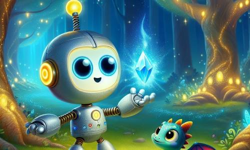 Ziggy, un petit robot aux yeux en forme de boutons et aux bras en ressorts, sourit d'excitation en touchant une pierre magique bleue qui scintille. Son corps argenté avec des accents jaunes et son sac à dos en forme de nuage ajoutent à son allure. À ses côtés, Flammou, un petit dragon aux écailles multicolores, admire la pierre avec curiosité, prêt à s'envoler. La scène se déroule dans une clairière enchantée, entourée d'arbres géants aux feuilles lumineuses et de lucioles, créant une atmosphère magique. Ziggy et Flammou se tiennent face à la pierre, prêts pour une aventure incroyable, tandis qu'une brume scintillante enveloppe la clairière, ajoutant du mystère à leur rencontre.
