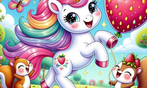 Au centre de l'image, une licorne nommée Chapichou, joyeuse, avec une crinière colorée, effectue une pirouette. Ses yeux brillent d'excitation et son sourire illumine son visage. Elle a un corps blanc scintillant et une corne dorée qui brille au soleil. À côté d'elle, deux écureuils, Farfouilleur et Grignote, sautent de joie. Farfouilleur tient un ballon en forme de fraise, tandis que Grignote rit aux éclats. La scène se déroule dans une forêt enchantée avec des arbres aux feuilles en bonbon et des rivières de jus de fruits. Chapichou et ses amis jouent joyeusement avec le ballon, créant une atmosphère festive.
