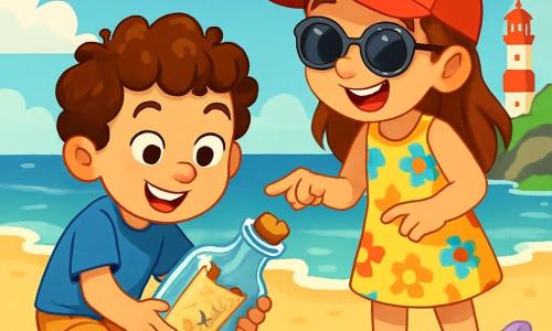 Léo, un garçon de 8 ans aux cheveux bouclés et au sourire malicieux, est accroupi sur le sable, tenant une bouteille en verre contenant un vieux parchemin. À ses côtés, Zoé, une fille de 8 ans avec une casquette rouge et des lunettes de soleil, porte une robe à fleurs et pointe avec excitation vers le parchemin. Ils se trouvent sur une plage ensoleillée avec du sable doré, des vagues douces, des coquillages colorés, des rochers recouverts d’algues et un vieux phare. Leur découverte du parchemin suscite surprise et émerveillement, sous un ciel bleu parsemé de nuages blancs et des mouettes volant au-dessus d'eux.