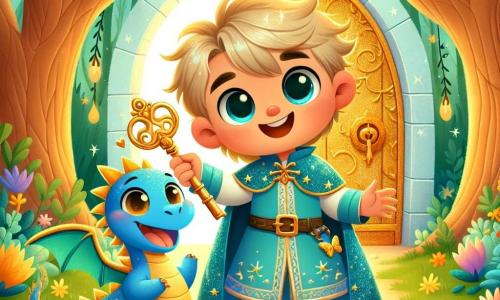 Un petit prince de 7 ans, aux grands yeux doux et aux cheveux dorés, sourit en tenant une clé magique brillante. Il porte une tunique bleue ornée d'étoiles dorées et des bottes en cuir. À ses côtés, un petit dragon bleu aux écailles scintillantes et aux yeux malicieux se réveille, ses ailes étendues. Ils se trouvent dans une forêt enchantée, entourés d'arbres épais et de fleurs colorées, sous un doux rayon de soleil. Devant eux se dresse une grande porte dorée, cachée sous la mousse, que le prince s'apprête à ouvrir avec sa clé pour découvrir un monde magique.
