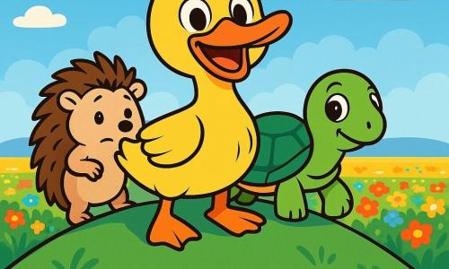Un canard audacieux nommé Coquin, avec un plumage jaune éclatant et un bec orange, se tient au sommet d'une colline verdoyante, les yeux brillants d'excitation. À ses côtés, une tortue sage nommée Tilly avance lentement, admirant le paysage. Un hérisson nommé Timon, un peu inquiet, se tient derrière Coquin, prêt à l'aider. En arrière-plan, un ciel bleu clair est parsemé de nuages blancs, tandis qu'une plaine colorée de fleurs s'étend à perte de vue. Coquin et ses amis découvrent la beauté de la nature, entourés de rires et de joie, prêts à partager leur aventure.
