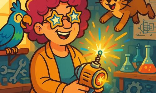 Madame Lulu, une femme d'une cinquantaine d'années aux cheveux bouclés fuchsia et lunettes en forme d'étoiles, se tient dans son atelier, souriante et excitée, tenant un appareil brillant, le Radiorayon, qui émet des étincelles multicolores. À ses côtés, Poly, un perroquet aux plumes bleu et vert, chante joyeusement, tandis que le Chat-Cascadeur, un chat agile, exécute une acrobatie. L'atelier est chaotique et coloré, rempli d'outils étranges et de potions scintillantes, baigné de lumière. La scène principale montre Madame Lulu, Poly et le Chat-Cascadeur autour du Radiorayon, prêts pour une aventure incroyable dans un univers fantastique.