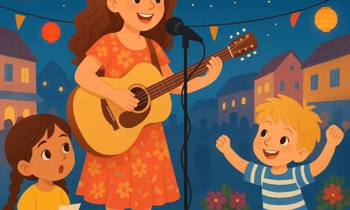 Clara, chanteuse adulte aux longs cheveux bouclés châtain, souriante, en robe fleurie joue de sa guitare acoustique sur une petite scène en bois au centre ; au premier plan à gauche Lila, fillette émerveillée aux nattes brunes tenant un papier, à droite Jules, garçon joyeux aux cheveux blonds en bataille imitant un astronaute ; place pavée de village avec maisons pastel, lampions colorés et guirlandes lumineuses, pots de fleurs, ciel crépusculaire bleu profond avec lune et étoiles, ambiance chaleureuse et festive, couleurs saturées, lignes nettes, style vectoriel clair et joyeux adapté à un livre jeunesse.