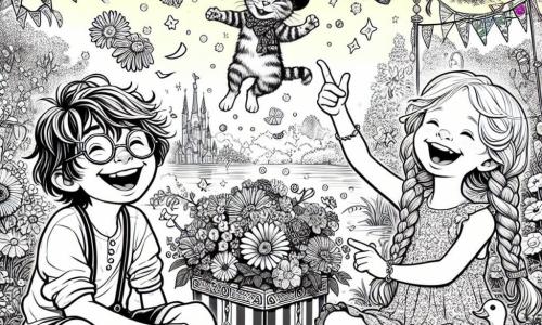 Dans un jardin ensoleillé, Léo, un garçon de 8 ans avec des cheveux bruns en bataille et des lunettes rondes, est assis sur l'herbe en riant. À côté de lui, Zoé, une fille de 7 ans avec de longs cheveux blonds tressés et une robe à fleurs, montre un chat coloré qui fait des galipettes. Le jardin est orné de fleurs multicolores, de grands arbres aux feuilles vertes, et une boîte magique scintillante entourée de confettis. Un chat pirate avec un chapeau et un canard en tutu se trémoussent, créant une ambiance festive. Les deux amis sont émerveillés par la magie et l'humour de leurs nouveaux compagnons, partageant un moment de pure joie.