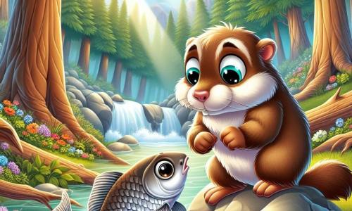Au centre de l'image, une marmotte nommée Max, au pelage brun et aux yeux curieux, se tient sur ses pattes arrière, regardant un poisson argenté coincé dans une pierre au bord d'un ruisseau. Le poisson, avec des écailles brillantes, semble anxieux mais reconnaissant. En arrière-plan, une forêt dense avec des arbres majestueux, des fleurs colorées et un ruisseau serpentin, baigné par la lumière du soleil. Max aide le poisson, illustrant un moment de solidarité dans la nature.