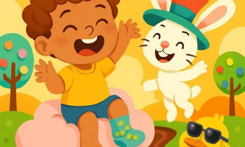 Un petit garçon de 2 ans, cheveux bouclés et yeux joyeux, porte une chaussette magique brillante sur son pied. Il est assis sur un nuage en barbe à papa, riant aux éclats, les bras levés. À côté, Monsieur Lapin, un lapin blanc avec un grand chapeau coloré, sourit en sautant joyeusement. Madame Canard, une cane en plumes jaunes avec des lunettes de soleil, cherche ses lunettes sur sa tête, l'air amusé. Le décor est un monde fantastique avec des arbres en bonbons et des rivières de chocolat. Le garçon rit avec ses amis dans une aventure pleine de rires et de couleurs éclatantes.