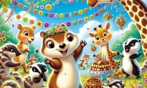 Marcellin la Marmotte, une petite marmotte aux poils bruns et doux, se tient au centre de la clairière, souriant et levant les pattes, prêt à accueillir ses amis pour la fête. À sa droite, Ginette la Girafe, élancée et gracieuse, observe la scène depuis une souche, souriante. Barnabé le Blaireau s'affaire à disposer des biscuits aux noisettes sur une table décorée de fleurs, tandis que Léon le Lièvre danse joyeusement sur l'herbe, entraînant les autres animaux. La clairière est remplie de fleurs éclatantes et de guirlandes colorées, sous un ciel bleu parsemé de nuages. L'atmosphère est joyeuse et festive, célébrant leur amitié.