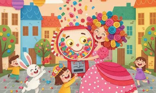 Madame Froufrou, femme joyeuse aux cheveux bouclés multicolores et robe rose à volants, tient un grand distributeur de bonbons souriant; à sa gauche, Victor, un petit lapin aux grandes oreilles blanches, saute en attrapant un bonbon rouge, et devant la machine une fillette de six ans au chapeau de fleurs rit en tendant les mains pour attraper des bonbons qui tourbillonnent; la place pavée du village, entourée de maisons colorées et décorée de guirlandes et lampions, évoque un carnaval sucré aux confettis et à la lumière douce de fin d'après-midi.