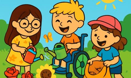 Il y a trois enfants dans un jardin ensoleillé : Mia, une fille de 6 ans avec de longs cheveux bruns et des lunettes rondes, portant une robe jaune et tenant un arrosoir coloré ; Léo, un garçon de 7 ans aux cheveux blonds en bataille, assis dans un fauteuil roulant bleu avec un arrosoir vert ; et Emma, une fille de 6 ans avec des cheveux châtains et une casquette rose, qui ramasse des feuilles avec un grand sac. Ils arrosent les fleurs tout en riant et chantant, profitant d'une belle journée d'été.