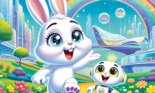 Léo, un lapin curieux au pelage blanc et aux grandes oreilles, saute de joie sur un chemin lumineux bordé de fleurs colorées, émerveillé par un monde futuriste. À ses côtés, Zippy, un robot amical aux formes arrondies et aux yeux scintillants, sourit en montrant la direction. Le décor est Lumiville, une ville futuriste avec des bâtiments en verre, des voitures flottantes et des parcs magiques. Léo et Zippy s'émerveillent devant un pont en arc-en-ciel vibrant de couleurs, prêts pour une aventure inoubliable.