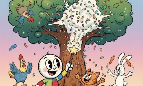 Le personnage principal est Pipo, un petit drapalou en tissu au corps patchwork et tête en feutrine, grands yeux brillants, qui agite une baguette en bois faisant jaillir un nuage de confettis multicolores ; à sa droite avance légèrement Biscuit, un chat orange tigré malicieux qui tente d’attraper les confettis, tandis qu’à l’arrière gauche une poule bariolée fait des pirouettes et qu’à l’arrière droit un lapin blanc aux longues oreilles jongle avec des carottes, le tout sous un grand arbre magique aux feuilles scintillantes et à l’écorce en spirales, sur une pelouse fleurie et un ciel pastel, dans une ambiance festive, couleurs saturées, formes arrondies et lumière douce.