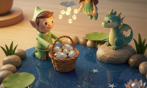 Téo, petit elfe aux yeux pétillants et sourire émerveillé, genoux pliés près du lac en tendant un panier en bois rempli de pierres brillantes ; Lila, petite fée aux ailes argentées stylisées, flotte joyeuse à sa droite en battant de petites ailes translucides ; Sparky, petit dragon malicieux en bois verni bleu-vert, posé sur une pierre près du bord et observant les lucioles — de petites perles lumineuses jaune-orangé au-dessus du panier ; le lac lisse en résine bleu profond pailleté, bordé de galets en bois et de feuilles de lotus sculptées, baigne la scène dans une ambiance douce et magique aux couleurs pastel et vernis brillant, éclairée chaleureusement depuis une lampe de chevet, composition centrée sur les personnages et le trésor.
