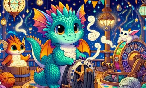 Nébule, un petit dragon de buanderie aux écailles vert menthe, se tient au centre de l'image, avec un regard déterminé. Il souffle une vapeur parfumée à la menthe, créant des nuages autour de lui. À sa gauche, Flambette, une salamandre aux écailles orange et dorées, sourit en tenant une écharpe en charbon doux. À droite, Tibule, un gobelin avec des oreilles pointues et un chapeau en forme d'ananas, observe l'Aéramatic, un appareil étrange émettant une lueur chaleureuse. Le décor est l'Abri du Vent, avec une lanterne géante, des guirlandes scintillantes et des murs en bois sculpté. Nébule règle l'Aéramatic pour la fête, tandis que Flambette et Tibule l'encouragent, prêts à l'aider dans cette aventure magique.