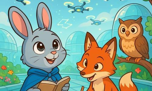 Un jeune lapin gris perle, nommé Nuage, se tient sur une passerelle translucide, curieux et excité. Il porte une cape coupe-vent et tient un carnet ouvert, observant des drones scintillants dans le ciel. À ses côtés, un renard roux dessine des formes géométriques avec enthousiasme. Plus loin, une chouette aux plumes brunes et dorées les observe avec bienveillance, prête à partager ses connaissances. Le cadre est une cité futuriste flottante avec des dômes translucides et des jardins suspendus. Nuage et ses amis observent les drones dansants, tentant de décoder leur langage mystérieux, dans une ambiance d'émerveillement et de camaraderie.