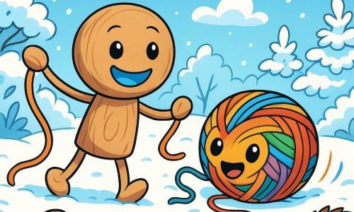 Floc, un petit bonhomme en bois avec deux bras souples et un sourire bleu, se tient joyeusement dans un jardin enneigé, ses yeux brillants de curiosité. À côté de lui, Boulette, une pelote de laine colorée, roule avec entrain, ses fils s'éparpillant. Le jardin est recouvert de neige scintillante, avec des traces d'animaux et des buissons chargés de neige, sous un ciel bleu clair. Floc et Boulette rassemblent des brins de laine et des miettes de pain pour aider les oiseaux et les hérissons, créant une scène chaleureuse en hiver.