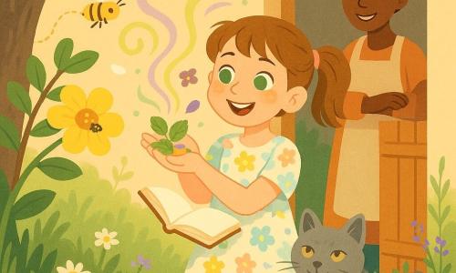 Zoé, 8 ans, souriante et émerveillée, cheveux châtain clair en couettes, yeux verts, en robe à fleurs pastel et bottes de pluie jaunes, tient un petit carnet et frotte entre ses paumes une feuille de menthe, un pétale jaune et une petite fleur violette pendant qu’elle invente son « parfum du printemps » ; sa mère d’environ 35 ans, cheveux bruns en chignon et tablier léger, l’observe avec tendresse depuis l’angle de la porte du jardin, un chat gris nommé Grisou se frotte à la jambe de Zoé, une petite abeille butine une grosse fleur jaune sur une branche basse du vieux pommier, et le jardin printanier lumineux — herbe verte parsemée de pâquerettes et pissenlits, fossé d’herbes hautes et petites fleurs violettes, rosée sur les feuilles — est animé de fines volutes colorées (vert, jaune, violet) montant en spirale, ambiance douce, joyeuse et curieuse.