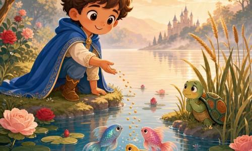 Prince Léo, garçon au sourire lumineux et aux yeux ronds, porte une cape bleue et une fine couronne; il jette des graines dorées vers le bord d'un lac miroir où une petite tortue à carapace verte et motifs orange sort des roseaux, entourée de trois petits poissons aux nageoires irisées; le lac des Roses présente des nénuphars et fleurs roses, roseaux dorés et une légère brume percée d'un rayon de soleil, ambiance calme et réconfortante, composition centrée sur le prince et les animaux au rivage.