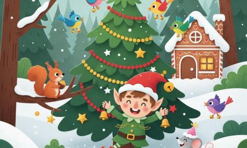 Un petit lutin farceur au bonnet rouge pointu et clochette dorée, veste verte cousue de fil d'or, danse joyeusement sous un sapin décoré; un écureuil roux perché à gauche tient une petite noix brillante, une souris grise coquette au chapeau en sucre rose se tient près des bottes du lutin à droite, plusieurs oiseaux colorés aux ailes arrondies avec minuscules grelots aux pattes voltigent autour, le tout dans une clairière enneigée au sol scintillant, sapin orné de guirlandes en papier et d'étoiles découpées et une maisonnette en pain d'épices à fenêtre éclairée en arrière-plan, ambiance chaleureuse, drôle et magique, couleurs vives et formes simples.