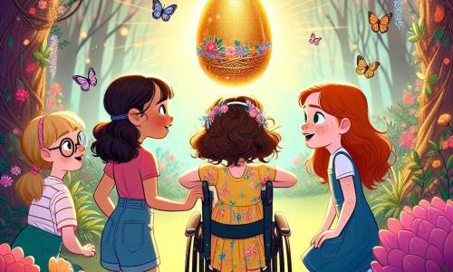 Dans une clairière enchantée, quatre amies se tiennent ensemble, entourées de fleurs et de papillons. Léa, 10 ans, a des cheveux bruns bouclés et porte une robe jaune à fleurs. Emma, également 10 ans, est dans un fauteuil roulant, avec des cheveux blonds et un t-shirt rose. Nora, 9 ans, a des cheveux châtains et des lunettes, fascinée par un œuf coloré. Marie, 10 ans, aux cheveux roux, se tient à côté de Léa avec un sourire malicieux, portant une robe verte. La clairière, baignée de lumière dorée, présente un grand œuf scintillant décoré de motifs. Les amies découvrent un œuf magique d'où émerge le lapin de Pâques, créant une atmosphère joyeuse et magique.