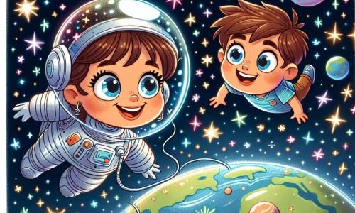Lila, astronaute joyeuse aux cheveux bruns en chignon et portant une combinaison spatiale brillante, sourit en flottant dans l'espace, entourée d'étoiles et de planètes colorées. À ses côtés, Tom, un garçon curieux de 8 ans aux cheveux blonds en bataille et t-shirt bleu, l'observe avec admiration. La scène se déroule dans l'immensité de l'espace, avec la Terre bleue et verte en arrière-plan, entourée de constellations et d'une Lune argentée. Lila et Tom explorent ensemble l'espace, émerveillés par la beauté des étoiles et des planètes.