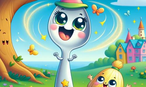 Cuillou, une cuillère souriante avec de grands yeux et un chapeau coloré, chante et danse joyeusement sous un arbre. Elle a un sourire éclatant et ses petits bras sont levés, comme si elle tournait. À côté, Balou, un petit balai aux poils dorés, rit aux éclats, prêt à danser. Le décor est un village coloré avec des maisons vives, des fleurs éclatantes et un ciel bleu. Cuillou court après son chapeau magique qui tourne tout seul, tandis que Balou l'encourage, créant une ambiance joyeuse et riante.