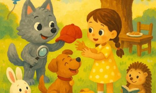 Loupou, petit loup anthropomorphe au pelage gris et aux grands yeux brillants, sourit en tendant une casquette rouge à Mia, fillette à tresses brunes et robe jaune à pois blancs, tandis que Rusty, chien roux au collier à clochette, pose un petit sac jaune à ses pieds; Lila la lapine blanche applaudit assise sur l'herbe à gauche et Jojo le hérisson rond, à droite, sourit timidement en tenant un carnet; scène de réconciliation sous un grand chêne dans un parc ensoleillé avec herbe, fleurs et un ballon bleu, ambiance chaleureuse et couleurs douces à la gouache.
