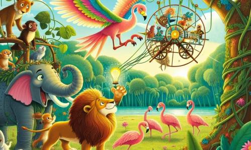 Un lion nommé Léo, avec une crinière dorée et des yeux déterminés, se tient fièrement à côté d'une machine à voler faite de branches, de lianes et de plumes colorées. Il sourit, excité par son invention. À ses côtés, Olga, une éléphante grise, ajuste les ailes de la machine avec enthousiasme. Frédéric, un flamant rose, est prêt à s'envoler dans la machine. La scène se déroule dans une jungle vibrante, entourée de lianes et de fleurs, où des animaux curieux regardent avec émerveillement Léo et ses amis prêts à faire décoller leur machine, un moment de joie et d'anticipation.