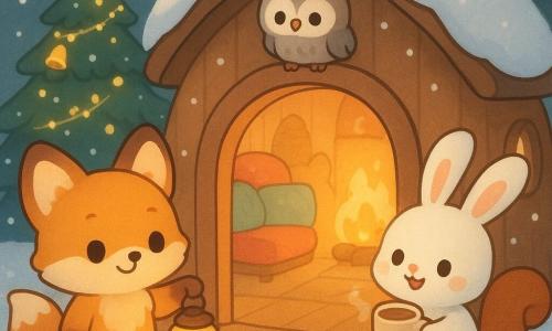 Lino, un petit renard roux au pelage miel et grandes oreilles, tient une lanterne et ouvre la porte ronde de sa maison en bois; Félix, un lapin blanc tient une tasse de chocolat chaud derrière lui; Mina, une chouette minuscule grise, est perchée sur le cadre, Oscar, un écureuil roux, mange un biscuit en étoile sur un coussin, et Brune, une blairelle brune, est assise près du feu; la scène se situe dans une clairière enneigée avec un sapin décoré, flocons tombants et traces d'animaux, la porte ouverte révèle un intérieur cosy aux coussins colorés, feu qui crépite et vapeur de chocolat, ambiance chaleureuse de Noël en style graphique aux traits ronds, couleurs pastel saturées, textures moelleuses et éclairage doux.