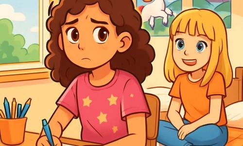Une fille de 12 ans, Léa, aux cheveux châtains bouclés et aux yeux brillants, est assise à son bureau en bois clair, l'air pensif et inquiet. Elle porte un t-shirt rose avec des étoiles et un jean bleu, ses mains sont posées sur une feuille de papier, prête à écrire une lettre. À côté d'elle, sa meilleure amie Chloé, également âgée de 12 ans, avec des cheveux blonds et une frange, l'encourage avec un sourire, assise sur le lit à proximité. La chambre est décorée de posters de licornes et de paysages fantastiques, une fenêtre ouverte laissant passer la lumière du soleil sur les jouets éparpillés. Léa écrit une lettre à ses parents, son visage exprimant détermination et nervosité, tandis que Chloé lui offre son soutien, créant une atmosphère d'amitié et de compréhension.