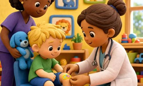 Une médecin souriante aux cheveux bruns en chignon et blouse blanc rosé s'agenouille pour poser un pansement coloré sur le genou d'un garçon de 4 ans aux cheveux blonds en bataille, assis et rassuré; une assistante d'une trentaine d'années aux cheveux courts bouclés tient un doudou bleu derrière la chaise; crèche lumineuse aux murs jaune pâle, jouets en bois sur étagères basses, tapis rond rouge et petites peintures d'animaux; ambiance tendre, calme et sécurisante, formes douces.