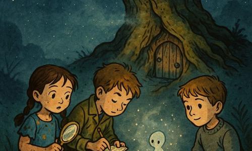 Trois enfants de 7 ans sur une colline nocturne : Lila, en robe à fleurs bleues un peu sale, cheveux bruns en deux tresses, tient un petit miroir poussiéreux à gauche ; Maxime, veste kaki et carnet à la ceinture, cheveux courts et ébouriffés, est au centre penché sur une pierre noire plate couverte de mousse en prenant des notes ; Théo, pull gris et cheveux châtain clair, à droite, pose la main sur le bras de Lila en regardant calmement une petite créature translucide de la taille d’une main qui se détache de la pierre, faite de poussière d’étoiles pâles avec des yeux brillants ; autour, un vieux chêne aux racines noueuses révèle une petite porte de bois, le sol est jonché de feuilles sèches et de pierres rondes, le ciel sombre parsemé d’étoiles pâles et d’une brume légère, palette d’encres profondes (bleu nuit, vert mousse, brun terre) ponctuée de touches de lumière pâle, atmosphère mystérieuse et tendue avec ombres longues, reflets faibles sur le miroir et souffle de vent dans les herbes.
