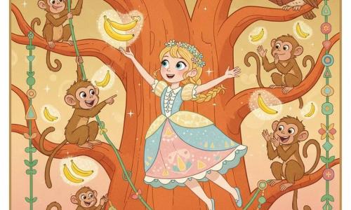Princesse malicieuse aux cheveux blonds en couronne tressée, robe pastel à volants, saute sur une grosse branche du Grand Baobab pour attraper une banane flottante ; Coco, petit singe brun doré d’environ six ans, accroché à une liane à gauche, rit et montre une banane tournoyante, tandis que plusieurs singes joueurs dans les branches font des grimaces et applaudissent, des bananes jaunes flottent comme des bulles scintillantes, Madame Chouette aux lunettes rondes, posée sur une branche haute avec un vieux livre ouvert, observe la scène ; le Grand Baobab est gigantesque, troncs noueux orange-roux, branches ornées de fleurs et de lianes, ambiance lumineuse et joyeuse, ciel doré-rose avec touches art déco, couleurs saturées et textures lisses.