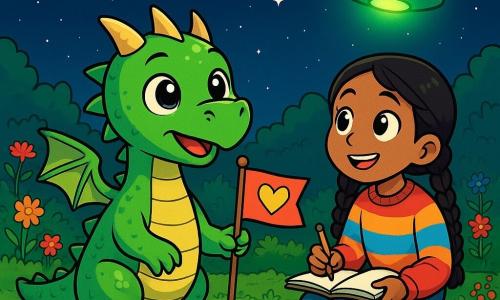 Drako, un petit dragon vert aux écailles brillantes et aux yeux curieux, se tient au centre d'un jardin soigné, avec un drapeau d'amitié planté dans le sol. Il affiche une expression excitée et appréhensive, touchant le drapeau. À ses côtés, Mila, une fillette aux cheveux tressés, porte un pull coloré et un pantalon, son visage rayonnant d'enthousiasme alors qu'elle observe le ciel étoilé, un carnet ouvert à la main. Le jardin vibrant est rempli de fleurs colorées et de cailloux bien disposés, sous un ciel nocturne étoilé. Drako et Mila attendent l'arrivée d'un vaisseau extraterrestre, une lumière verte flottant au-dessus du terrain vague voisin, créant une atmosphère de mystère et d'aventure.