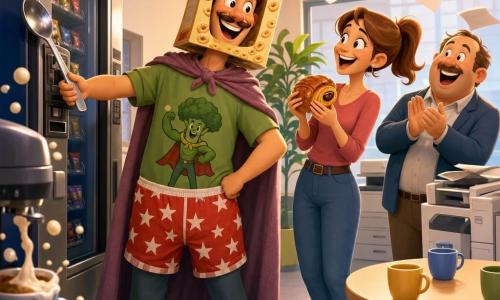 Gustave, fier et un peu gaffeur, sourit largement, yeux pétillants ; il porte un vieux caleçon rouge à étoiles par-dessus un pantalon, un t-shirt vert "Super Brocoli", une cape de rideau froissée et un masque en boîte de céréales ; il tend une grande cuillère en métal coincée dans la fente d’une machine distributrice. Zoé, ~20 ans, queue de cheval, rieuse et soulagée, tient un pain au chocolat doré et regarde Gustave avec admiration. Paul, ~40 ans, visage rond et moustache légère, en tenue décontractée, applaudit en riant près d’une plante en plastique. Dans une salle de pause de bureau lumineuse et colorée (sol carrelé, table avec tasses, machine à café, photocopieuse), la scène montre le sauvetage comique du goûter : cuillère coincée, bulles de café et feuilles qui volent, ambiance joyeuse, couleurs vives et gestes exagérés.