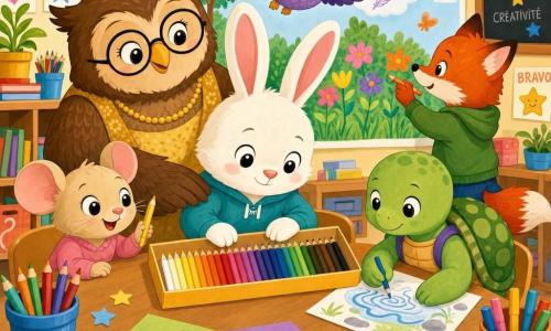 Lapi, un petit lapin blanc aux longues oreilles roses, range une rangée de crayons du plus clair au plus sombre sur une table en bois pendant que ses amis participent à la création d’une grande affiche représentant un jardin : Mila, une petite souris beige, tient un crayon jaune en regardant la file de crayons; Nino, un renard roux, ajoute un détail orange à l’affiche; Aya, une tortue verte, dessine des vaguelettes bleues; Zoé, une chouette violette, montre une plume dessinée dans le ciel; Madame Hibou, une grande chouette brune aux lunettes, pose une aile sur l’épaule de Lapi en signe d’encouragement. La salle de classe est lumineuse et accueillante, avec pots de crayons, gommettes et murs décorés, et le style est une illustration vectorielle plate, aux contours doux et couleurs vives et chaudes, lisible pour des enfants de 4 ans.
