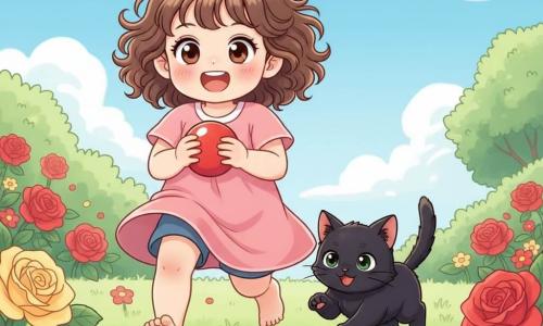 Fille de 2 ans joyeuse aux cheveux bouclés bruns et grands yeux noisette, pieds nus courant dans l'herbe avec une petite balle rouge, accompagnée à sa droite d'un petit chat noir aux yeux verts la suivant en bondissant ; jardin lumineux avec pelouse verte, roses rouges et jaunes, buisson vert foncé et ciel bleu parsemé de nuages, ambiance chaude et lumineuse, style aux traits doux et couleurs pastel vives, plan moyen en légère contre-plongée, profondeur avec fleurs au premier plan et arbre flou à l'arrière-plan.