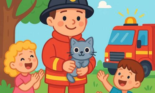 Un pompier nommé Max, portant une grande veste rouge, un casque noir et des bottes en caoutchouc, sourit fièrement en tenant un chaton gris dans ses bras. Le chaton, aux grands yeux ronds, semble heureux. Autour de lui, des enfants âgés de 5 à 7 ans applaudissent, dont une fille aux cheveux blonds et bouclés en robe rose qui crie : « Bravo, Max ! » et un garçon aux cheveux bruns en t-shirt bleu qui lève les bras. La scène se déroule sous un grand arbre vert avec un ciel bleu clair. Le camion de pompier rouge est garé à proximité. Max vient de sauver le chaton coincé dans l'arbre, entouré d'enfants joyeux célébrant son acte héroïque.