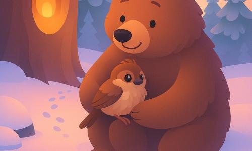 Barnabé, un gros ours brun au pelage épais et au regard bienveillant, serre contre son flanc un petit moineau tremblant qu'il réchauffe tendrement au bord d'un ruisseau partiellement gelé, tandis que la présence d'Horace le hibou se devine par une lueur dans une cavité d'arbre; les berges enneigées et les sapins chargés de neige, éclairés par un coucher de soleil rosé aux tons pêche et lavande contrastant avec des ombres bleutées, soulignent l'atmosphère d'empathie et de chaleur au cœur d'un hiver silencieux.