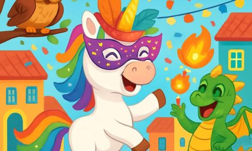 Au centre de l'image, une licorne nommée Paillette, avec une crinière arc-en-ciel et des yeux pétillants, danse joyeusement sur la place du village. Elle est d'un blanc éclatant et porte un masque magique orné de plumes colorées. À sa droite, un dragon amical aux écailles vertes et dorées jongle avec des boules de feu, tandis qu'à sa gauche, une chouette sage observe la scène depuis une branche. La place est animée, décorée de guirlandes lumineuses et de fanions colorés, avec des confettis multicolores tombant du ciel. Paillette danse entourée de ses amis, célébrant la joie et l'amitié au carnaval.
