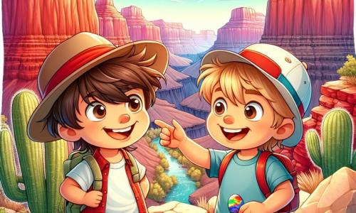 Deux garçons de quatre ans, Lucas et Tom, se tiennent au bord du Grand Canyon. Lucas, avec des cheveux bruns en bataille et un chapeau rouge, admire le paysage. Tom, aux cheveux blonds et portant un t-shirt bleu, montre une pierre colorée qu'il a trouvée. Le Grand Canyon s'étend derrière eux avec ses falaises aux teintes rouge, orange et jaune, éclairées par le soleil. Ils cherchent des pierres colorées, leurs visages rayonnants de joie, tandis que Lucas a retrouvé son chapeau près d'un cactus.