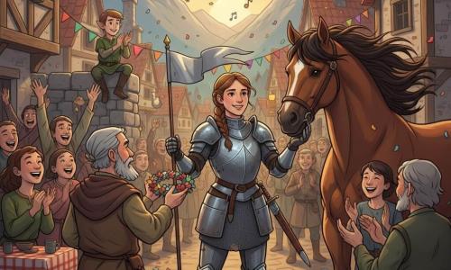 Chevaleresse Alix au sourire confiant, visage clair, cheveux châtains tressés, armure brillante légèrement usée avec reflets bleus, tenant un petit étendard argenté, debout au centre de la place du village, posture fière; à sa droite, le cheval Tempête, robe alezan sombre, crinière soufflée par le vent, museau proche de sa main; derrière elle, un petit elfe garçon d’environ 10 ans, visage espiègle, oreilles pointues, tenue verte feuille, perché sur un muret et applaudissant; face à Alix, le chef du village, homme âgé à la barbe grise soignée, vêtu de laine brune et tenant une couronne de fleurs; la place entourée de maisons en pierre et bois aux toits en tuiles rouges, guirlandes colorées et lanternes suspendues, nappes à carreaux sur des tables et confettis dans l’air; crépuscule doré mêlé aux premières étoiles, montagnes bleutées en arrière-plan, atmosphère chaleureuse et festive, couleurs saturées et contrastes doux; scène : arrivée triomphante d’Alix accueillie par des villageois en fête, gestes amicaux, musique et rires visibles par le mouvement de la foule, composition centrée sur la chevaleresse pour transmettre courage et bienveillance.