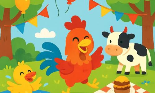 Un coq coloré danse joyeusement dans une clairière ensoleillée. À sa droite, une vache blanche et noire prépare des gâteaux sur une nappe à carreaux. À sa gauche, un canard aux plumes jaunes joue dans une mare. La clairière est entourée d'arbres verts, de fleurs colorées et d'un ciel bleu. La scène évoque une fête animée, remplie de rires, avec des ballons et des guirlandes accrochées aux arbres.