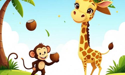 Gisèle la girafe, avec son long cou et ses grandes taches jaunes, se tient joyeusement au sommet d'une colline, les yeux pétillants. Elle porte un chapeau en feuilles de palmier et fleurs colorées. À ses côtés, Marcel le singe jongle avec des noix de coco, tandis que Véronique la tortue, avec son chapeau en forme de pastèque, sourit en tenant un gâteau aux bananes. Le paysage est rempli d'arbres luxuriants, de fleurs éclatantes et d'un ciel bleu clair. Ils se préparent pour la course des chapeaux volants, entourés de rires et d'une atmosphère festive dans leur village de Bambouville.