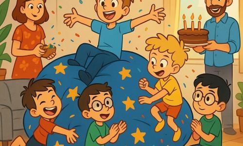 Six personnages dans un salon familial chaleureux : Noé (garçon 9 ans, cheveux châtain clair, t-shirt bleu), allongé au sommet d’un grand coussin étoilé bleu les bras ouverts; Tom (garçon 9 ans, cheveux bruns, t-shirt rouge) coincé sous un bras du coussin, jambes visibles; Yanis (garçon 9 ans, cheveux noirs, lunettes, t-shirt vert) assis à droite en train d’applaudir; Léo (garçon 9 ans, cheveux blonds bouclés, t-shirt jaune) à mi-saut vers le coussin; la mère de Noé (environ 35 ans, robe à fleurs) debout derrière avec une boîte de confettis et un sourire tendre; le père (environ 37 ans, chemise bleue) tenant un gâteau au chocolat avec des bougies à l’arrière. Décor : parquet clair, canapé gris, table basse avec tasses, guirlandes de ballons, plante et lumière de matinée. Scène : fête d’anniversaire animée, quatre amis s’empilent et sautent sur le coussin, confettis en suspension, rires et mouvement, ambiance joyeuse et couleurs vives.